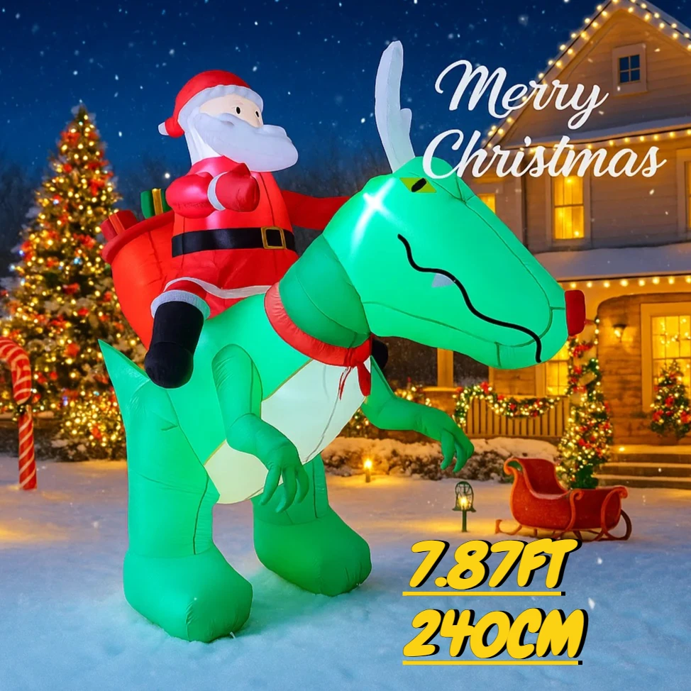 7.87FT Inflatable Santa Ride Dinosaur Toy LED Light Festive Christmas Gifts Xmas Inflatable Yard Decorations Christmas Supplies