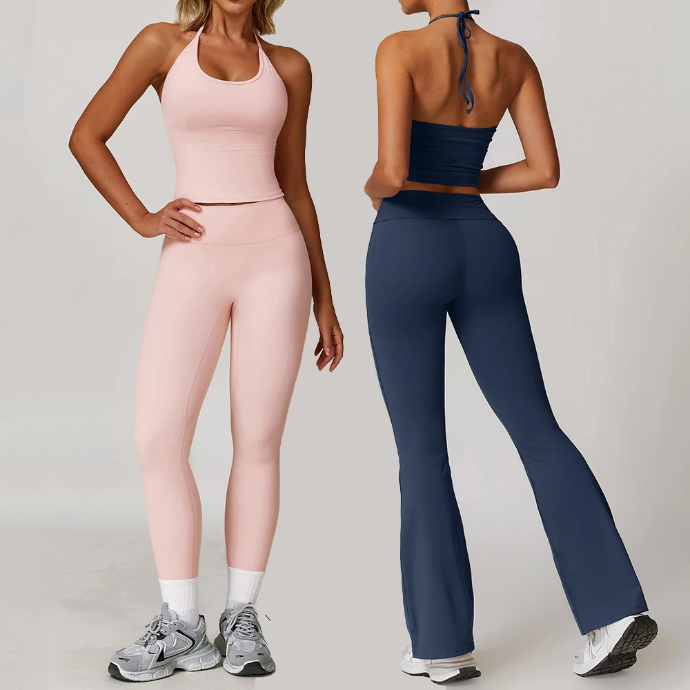 

2 Pieces Yoga Set Naked Feel Gym Set Women Tracksuits Workout Clothes High Waist Flared Pant Gym Shorts Sports Bra Yoga Suit