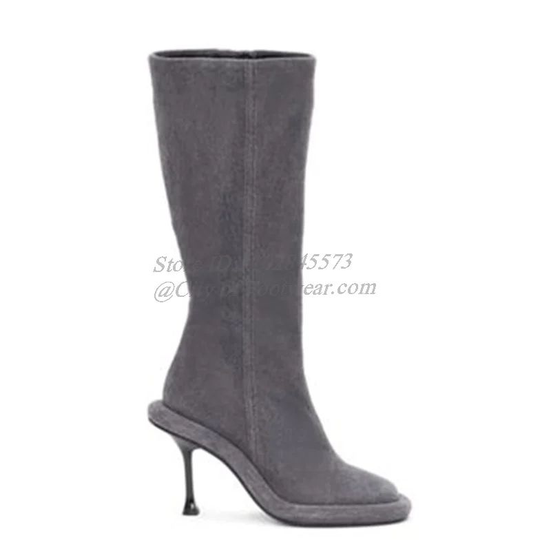 Black/Grey Leather Round Toe Knee High Boots Women's Luxury Designer High Heels Zipper Long Boot 2024 Winter New in Sexy Shoes