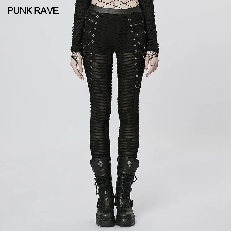 

PUNK RAVE Women's Gothic Decayed Slim-fit Leggings Punk Meta Eyelets Webbing Personality Thin Black Pants Spring/summer