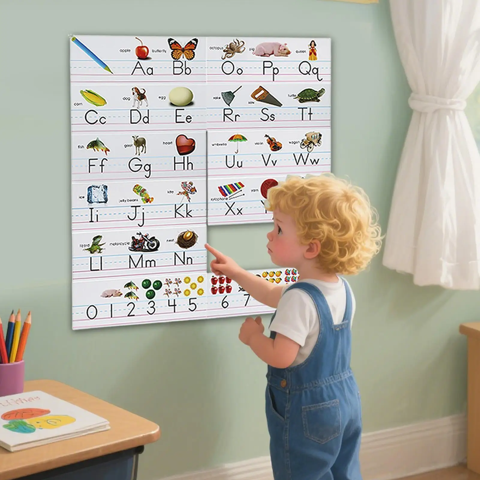 مجموعات لوحة إعلانات الأبجدية لمرحلة ما قبل المدرسة، لوحة إعلانات أرقام الأبجدية، ديكور الحائط، بطاقات التعلم التعليمية، ديكورات المدرسة