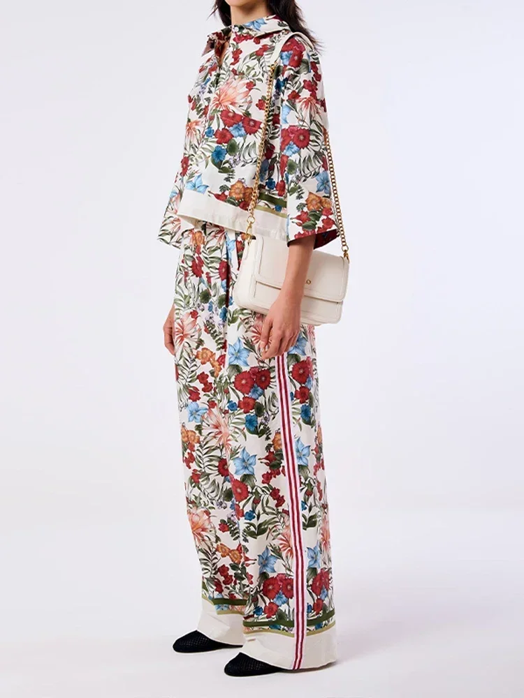 Women's Side Print Pantsuit, Long-sleeved Shirt with Button Up and Lapel, Clothing for 2024
