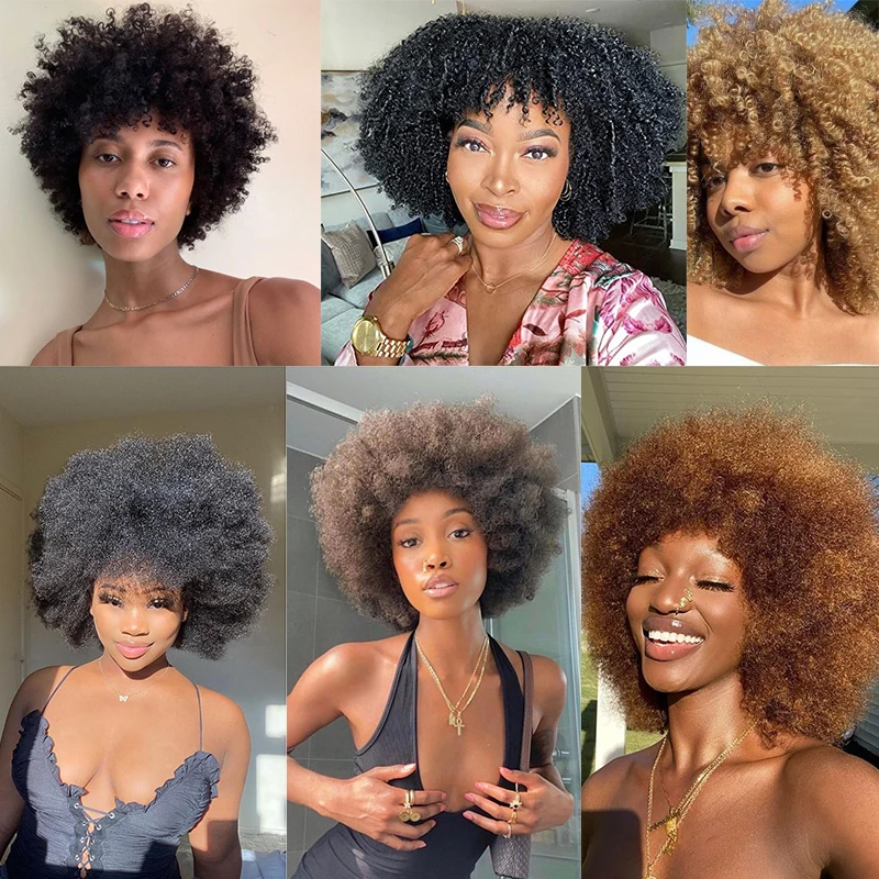 Short Afro Kinky Curly Wig With Bangs For Black Women Cosplay Lolita Natural Hair Ombre Mixed Brown Synthetic African Wigs