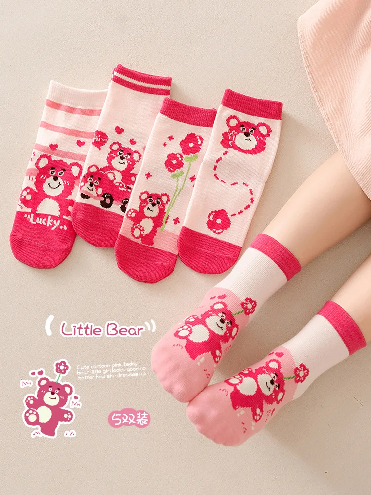 5 Pairs Disney Kids Socks Lotso Kawaii New Fall Winter Cartoon Children Mid-calf Socks Cotton Sock for Girls Gifts