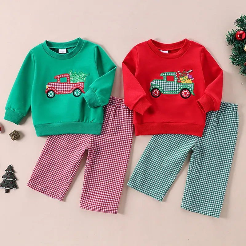 RUEWEY 0 to 3 Years Christmas Toddler Girl Pant Sets Truck Print Long Sleeve Crew Neck Sweatshirt with Elastic Waist Plaid Pants