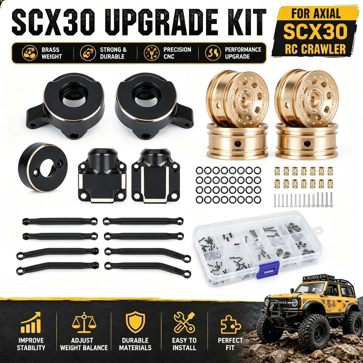 1/30 SCX30 Upgrade-Kit: Messing-Lenkknöchel, Nabenbeschwerter, Front- und Heckstoßstange, CVD-Lenkbein-Set für RC-Crawler-Autos