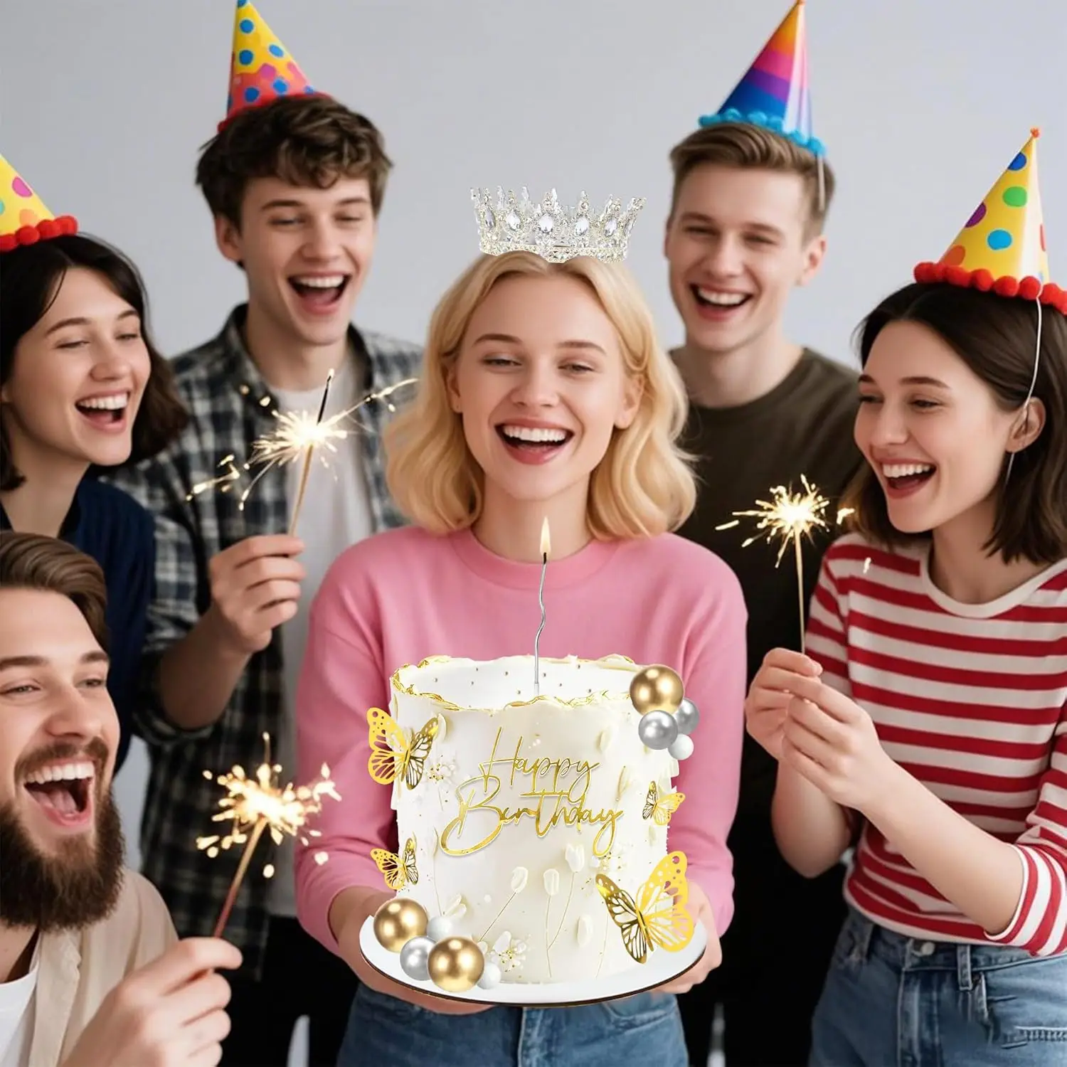 Kronen-Kuchenaufsatz, Kugeln, alles Gute zum Geburtstag, Kuchenaufsätze mit Kerzen, goldene Schmetterlinge, Kuchendekorationen für Hochzeit, Babyparty, Party – Detail 18