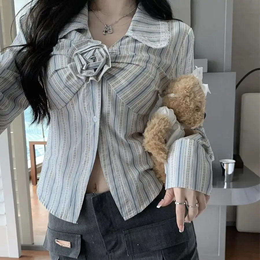 Women Shirts Fashion Korean Version 2024 Short Shirt Blue White Striped Shirt V-Neck Three-Dimensional Flower Long Sleeve Shirt