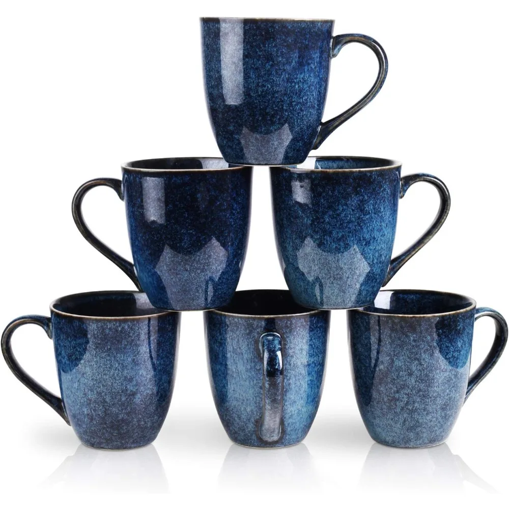 

6-Pk 12oz Ceramic Coffee Mugs, Unique Glazed, Handle, for Coffee/Tea (Blue)
