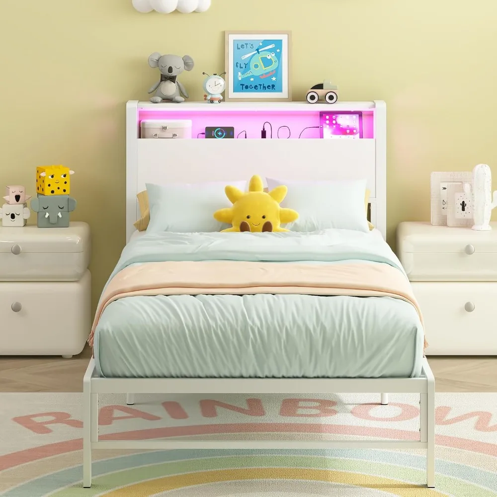 

Twin Bed Frames with 2 Tiers Wood Storage Shelves Headboard, Twin Size Bed with Charger Stations and LED Light Under Bed