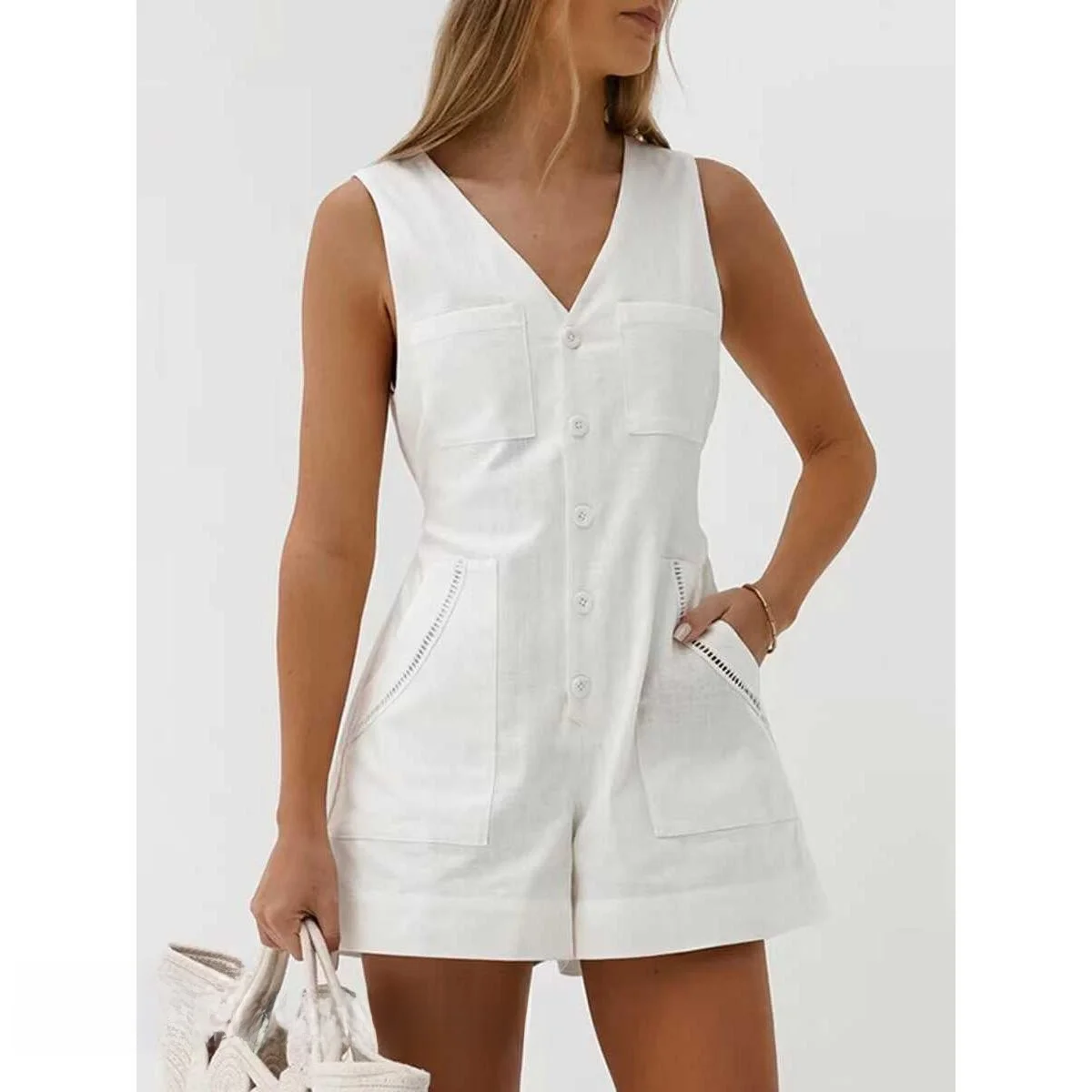 

Summer Faion V-ne Waist up Wide Leg Jumpsuit High Waist ort Pants Cotton Fabric Commute Sle Other Brand Clothing