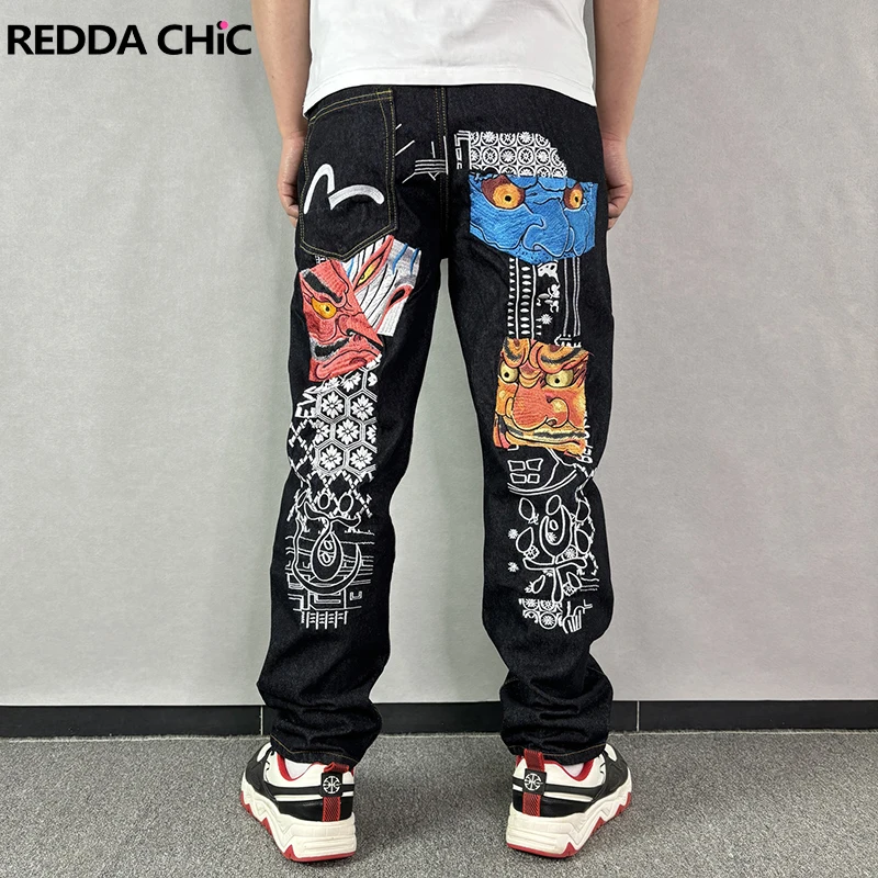 REDDACHIC Billiken Embroidered Black Pencil Pants Men Vintage Wash Wide Leg Jacquard Denim Straight Baggy Jeans Casual Clothes