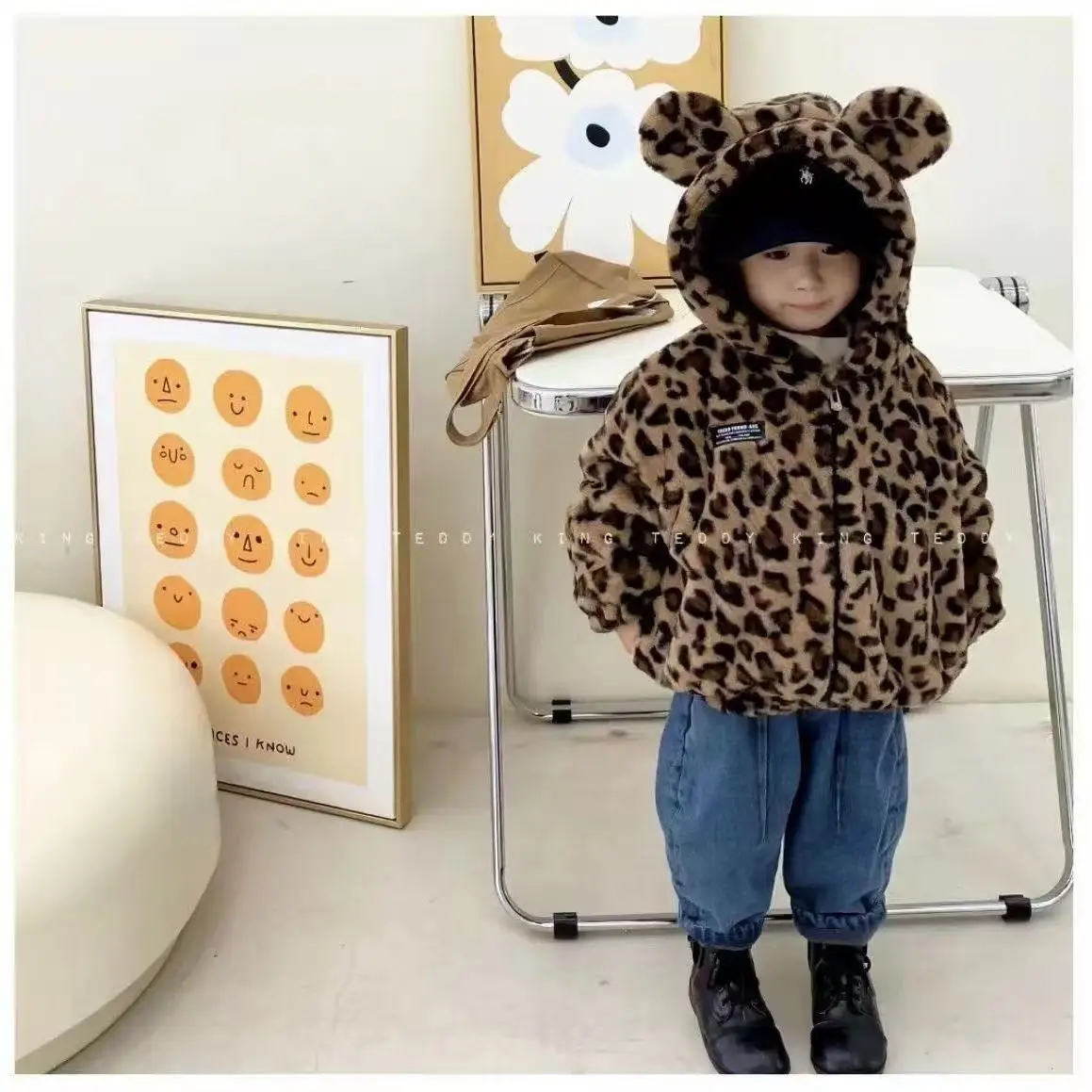 Autumn AndWinter New Children's Jacket Korean Edition Leopard Pattern Lamb Fleece Thickened Coat for Boys and Girls with Western