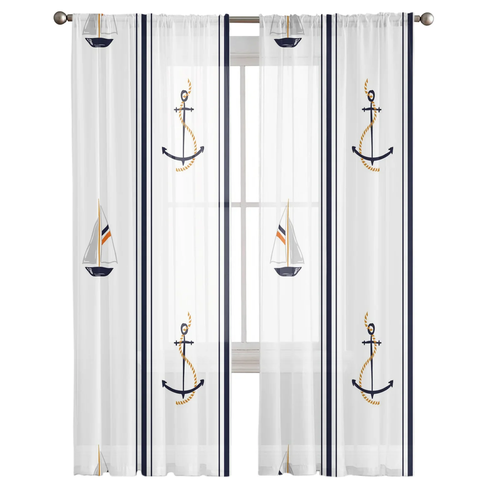 Boat Anchor Stripes Rectangle White Tulle Sheer Window Curtains for Living Room the Bedroom Voile Decorative Curtains Drapes