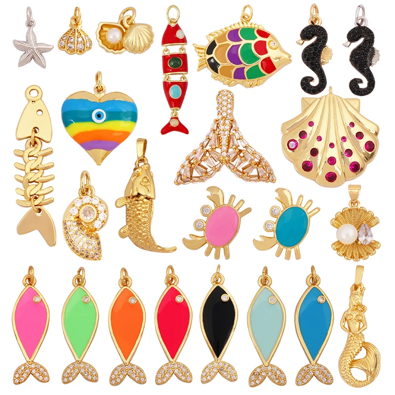 Marine Organism Fish Sea Conch Horse Shell Starfish Crab Fishbone Charm Pendant,Gold Plated Zircon Jewelry Finding Supplies K73