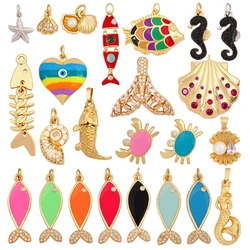 Marine Organism Fish Sea Conch Horse Shell Starfish Crab Fishbone Charm Pendant,Gold Plated Zircon Jewelry Finding Supplies K73
