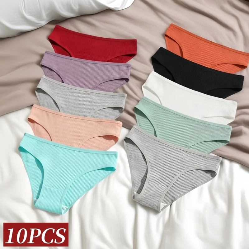 10Pcs/Set Cotton Briefs Low Waist Panties Sports Seamless Underwear Breathable Bikini Solid Color Female Underpants