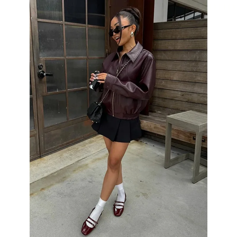 

Women's solid leather jacket lapel zipper casual long sleeve jacket Motorcycle style commuter coat