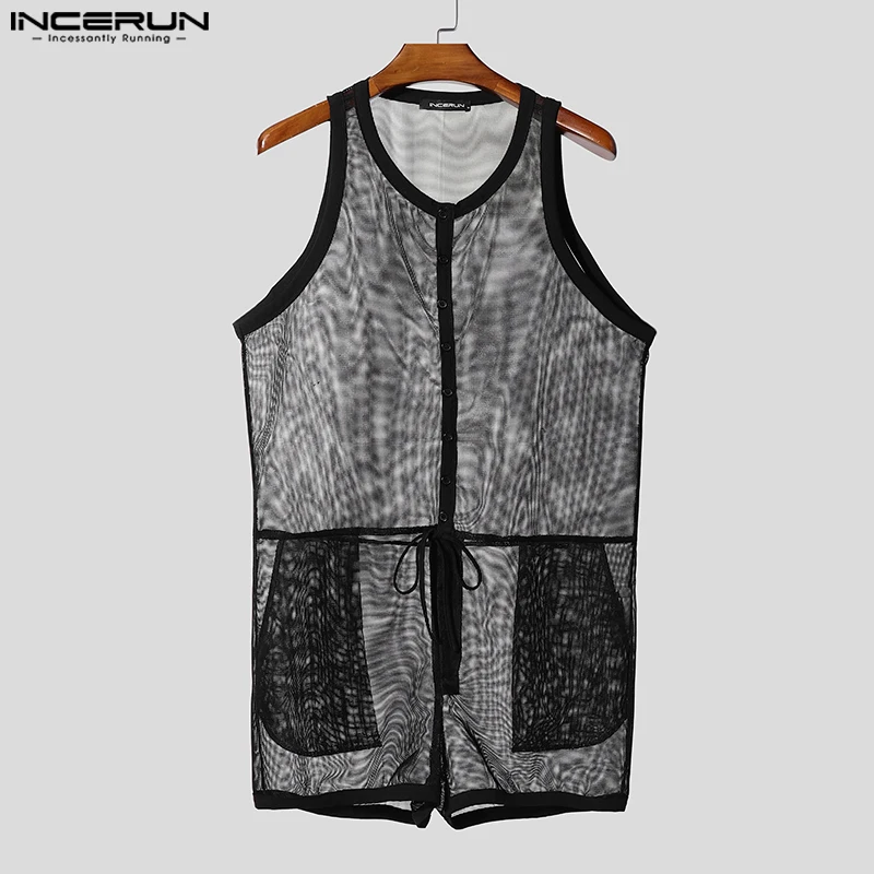 

INCERUN Men Bodysuits Mesh See Through Button Sleeveless Lace Up Male Rompers Playsuits Sexy 2025 Solid Color Fashion Bodysuit