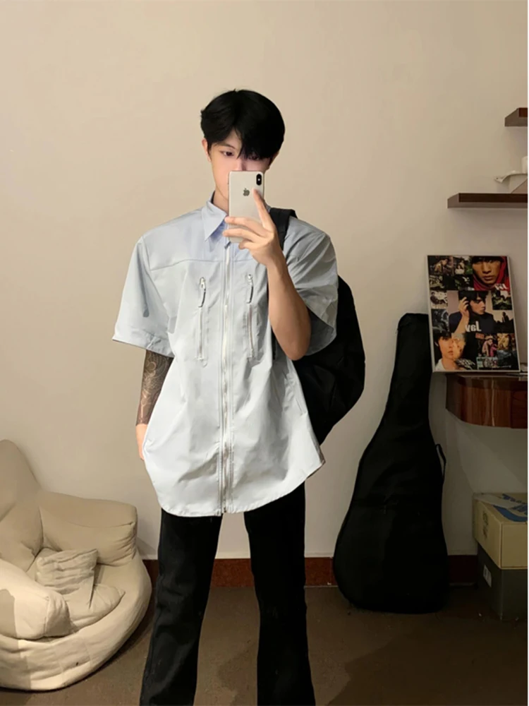 

Blue Zipper Men's ort Sve irt Summer Casual Loose Fit Polyester Fiber No Ironing Required Faionable Streetwear Jaet