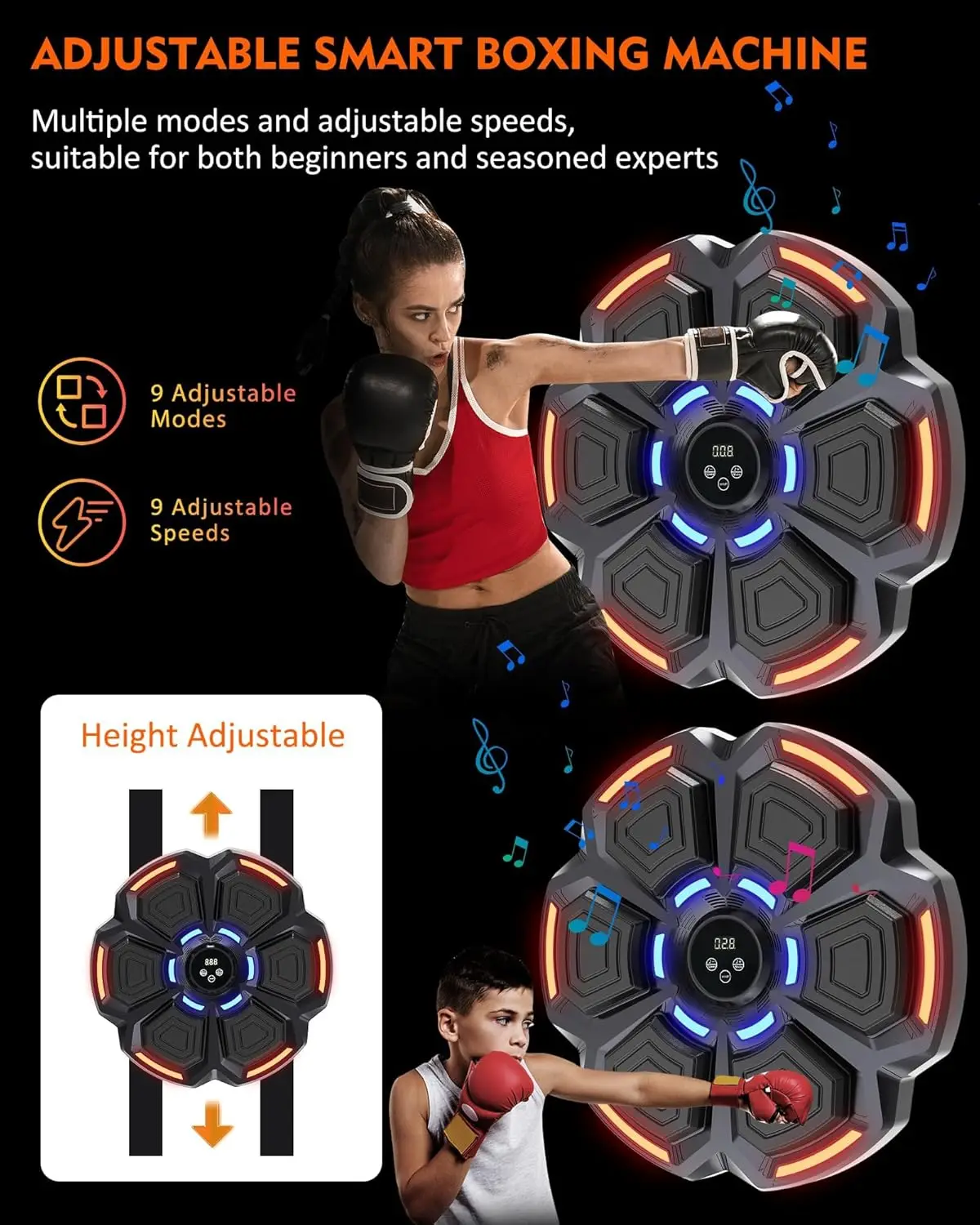 Music Boxing Machine for Adults, Bluetooth Music Punching Machine with Gloves, Electronic LED Boxing Training Equipment Wall Mou