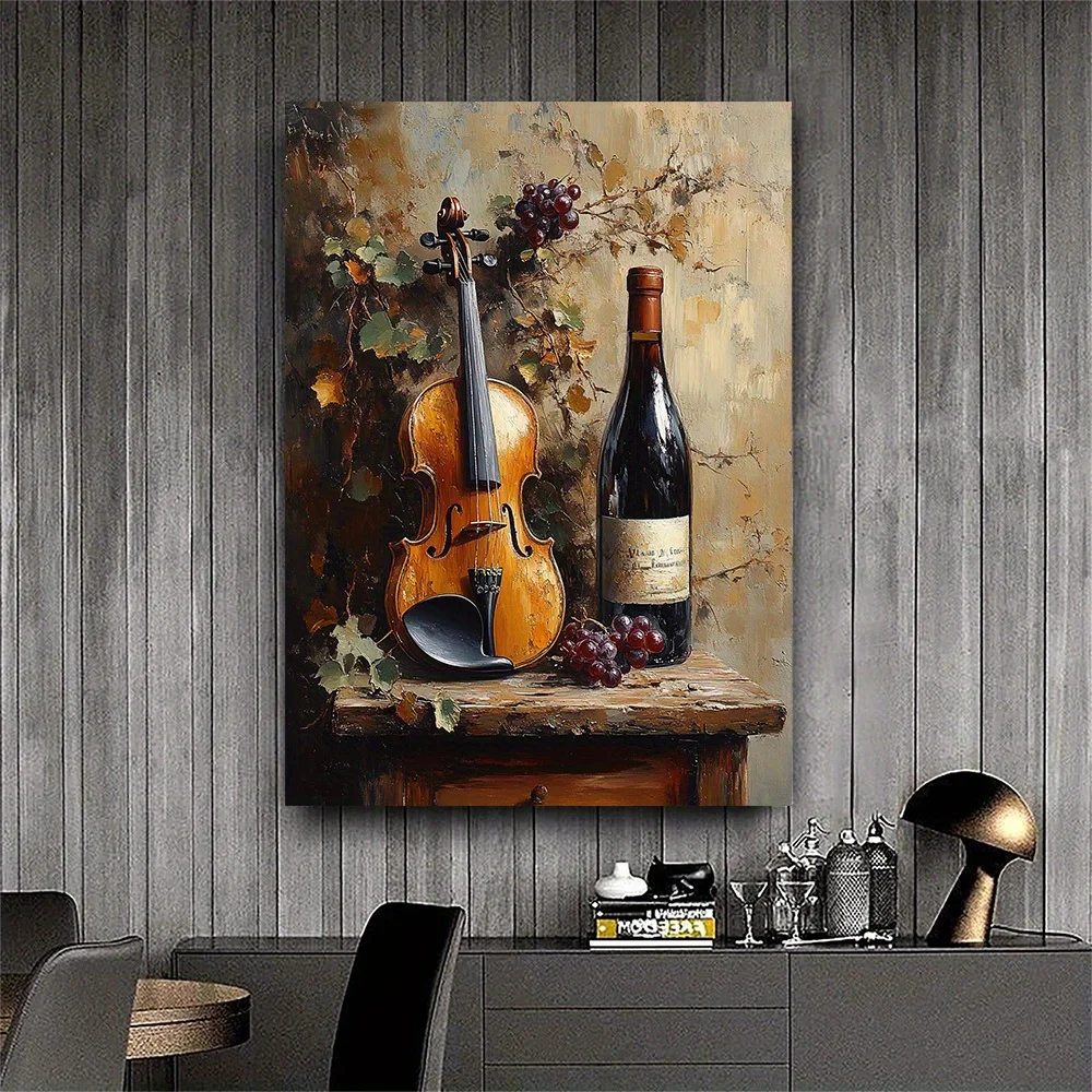(No frame)2D Flat, 1pc Framed Canvas - Modern Violin & Wine Suitable for Wine Lovers, Regenerated Wood Frame, Wrap-Around Pan