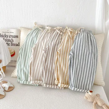 Kids Striped Linen Cotton Harem Pants 2 Spring Summer Boys Striped Loose Pants Baby Girl Vintage Casual Linen Cotton Harlan Pants Kids Lace-up Pant Children Clothing 2