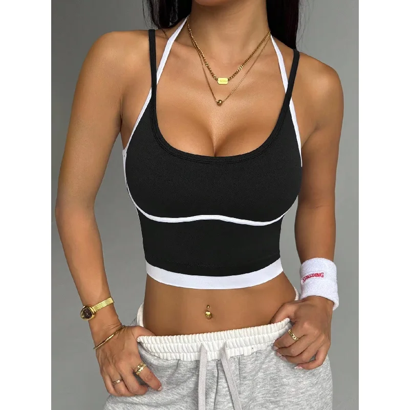 Women Color Block Wire-Free Sports Bra, Racerback Shockproof Push Up Sports Vest for Fitness Running Outdoor Workout