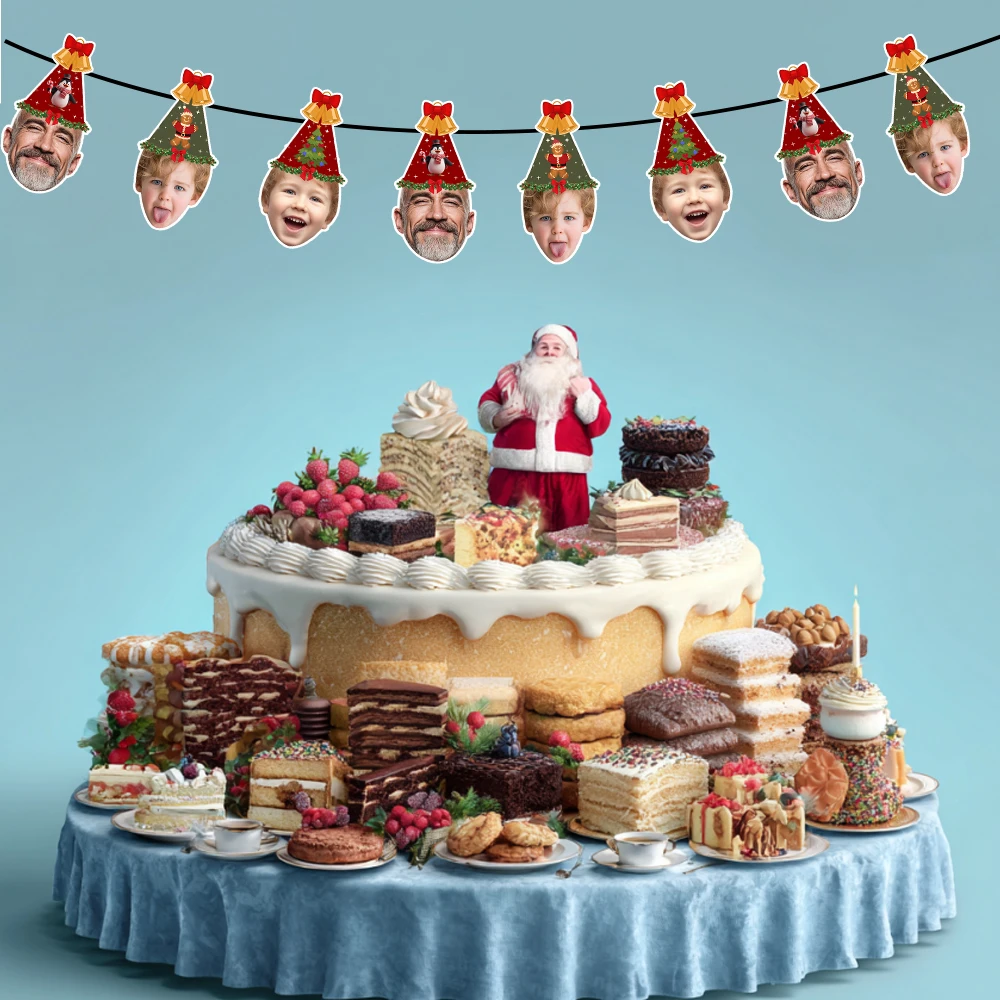 Maßgeschneiderte Weihnachtsdekoration, niedliches Weihnachtsmütze-Muster, Gesicht, Foto, Banner, Geschenkaufkleber und Kuchen-Plugin-Strohhalm-Set