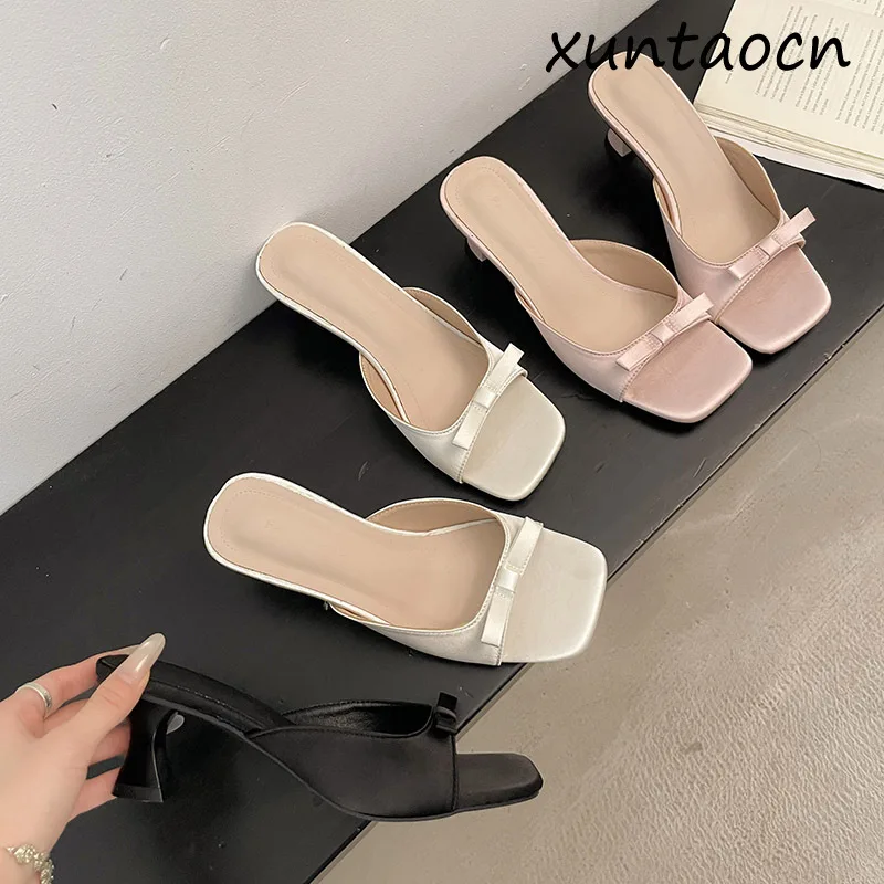 

Women's Summer Thick Heel Slippers Street Style Square Toe Dress Shoes Party Stripper Mules Female Slides Shoes Zapatos De Mujer