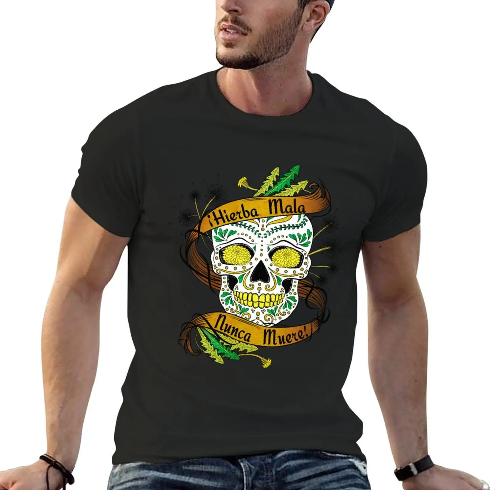 Hierba Mala Nunca Muere Sugar Skull T-Shirt customizeds boys whites Aesthetic clothing mens white t shirts