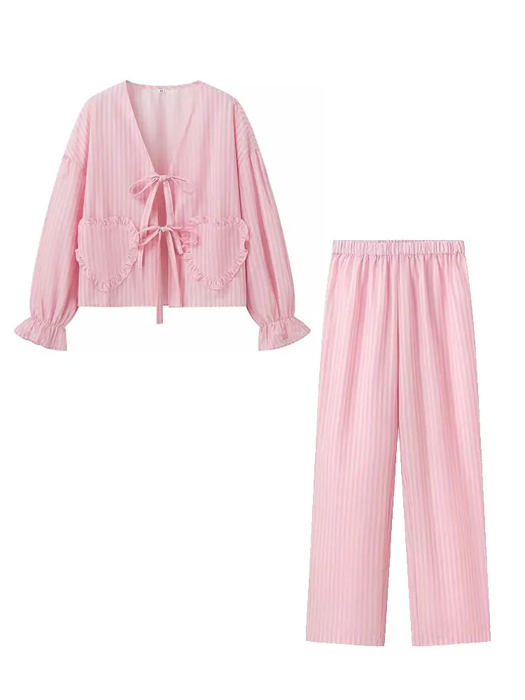 

HH TRAF 2024 Summer Women's Casual Street Shirt 2-piece Set Pink Striped Elastic Belt Pocket Decoration Women's Pants Y2K