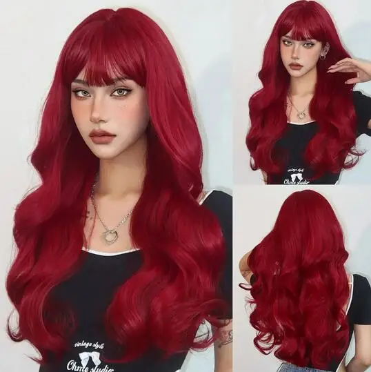 

Wine Red Synthetic Wigs Long Wavy Natural Hair Wigs with Bangs for Women Cosplay Lolita Wig Heat Resistant Fiber