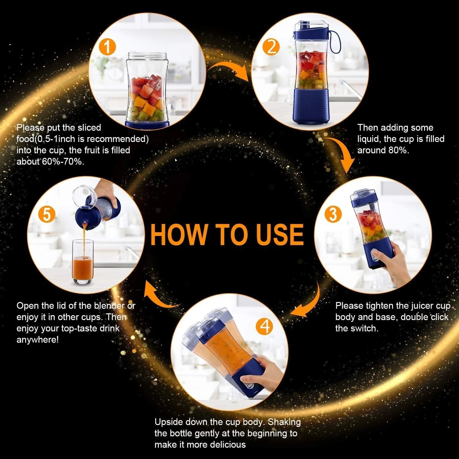 عصارة محمولة قابلة لإعادة الشحن عبر USB على كوب الخلاط مع شفاطات بروتين يهز الفاكهة خلاط صغير للتخييم في المكتب والرياضة المنزلية