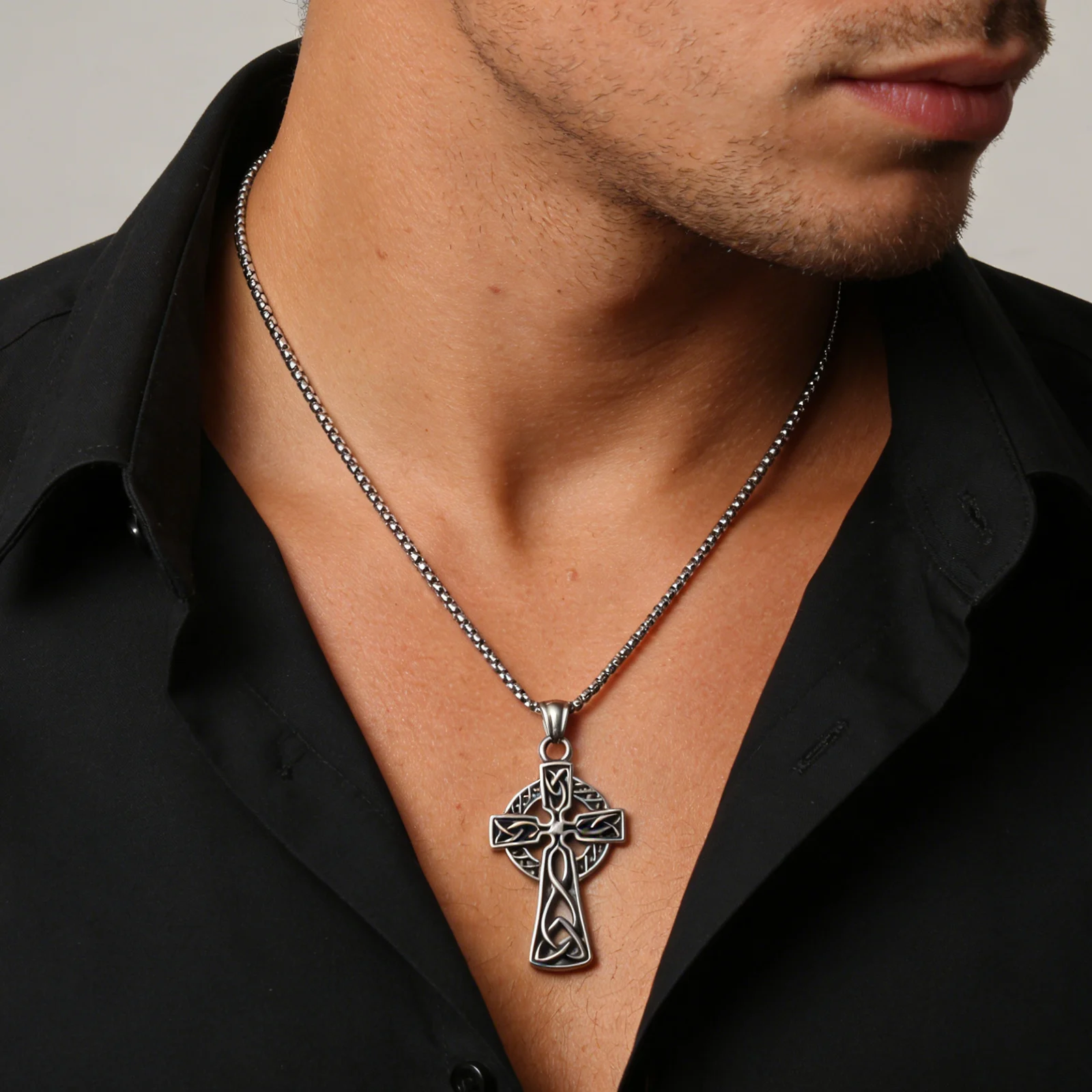 LNCHRAN Men 316L Stainless Steel Hollow Celtic Knot Celtic Cross Pendant Necklace Box Chain Irish Vintage Jewelry Gift For Men
