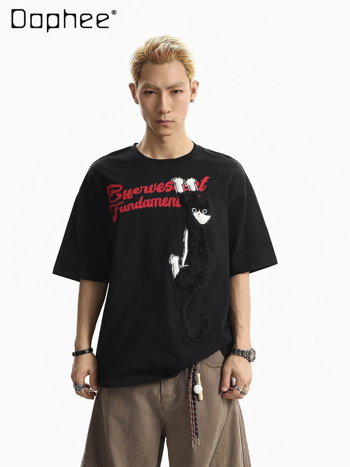 Summer New American High Street Style Men's Cat Patch Embroidery Loose Fit Casual Round Neck Short Sleeve T-shirt