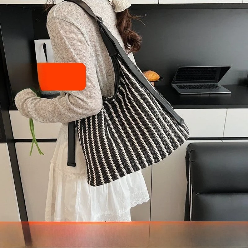 New Stripe High-End Women's Tote Bag Student Handbag Casual Single Shoulder Bag Large Capacity Commuting Forest System