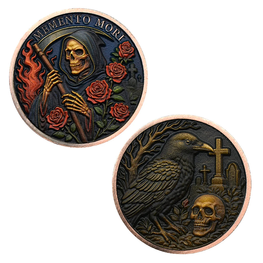 عملة تذكارية لإله الموت معدنية من سبائك الزنك MEMENTO MORI Crow Skull Challenge Coin مع مجموعة الشهادات هدية
