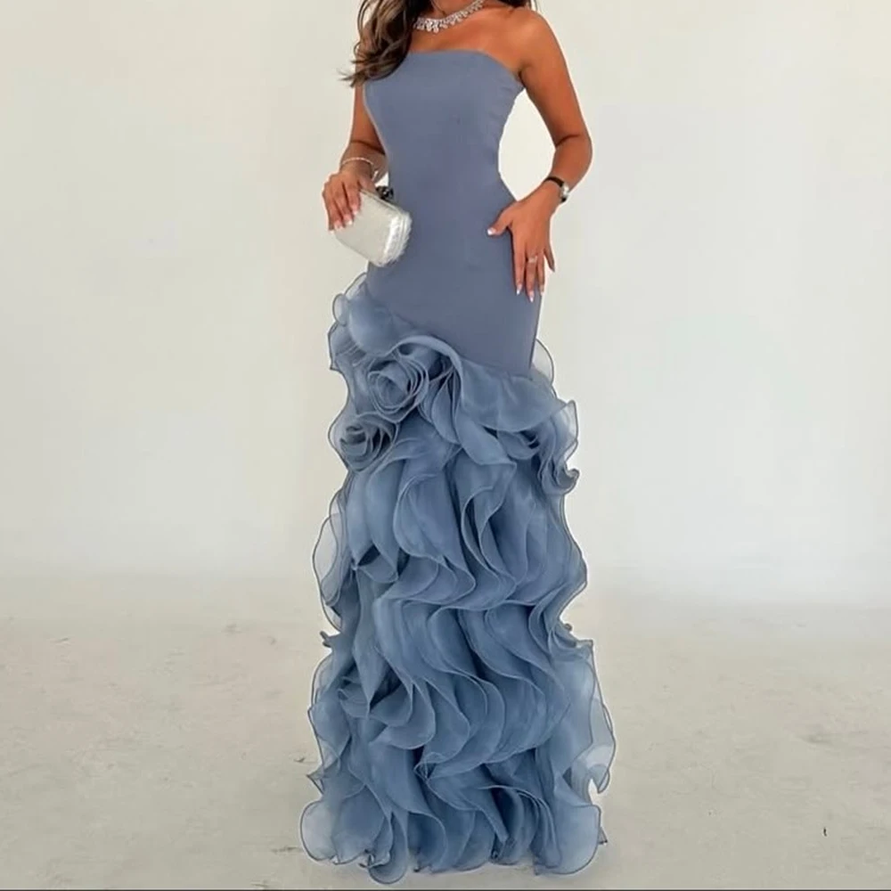 

Customized A-line Evening Dresses Floor-length Strapless Sleeveless Prom Gown Simple Fashion Ruched Backless Casual Party Gown