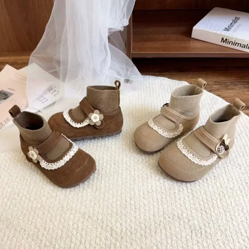 

Girls Lace Ankle Boots 2025 Autumn Girls Soft Sole Anti Slip Mary Jane Princess Shoes Baby Socks Boots Cute Children Short Boots