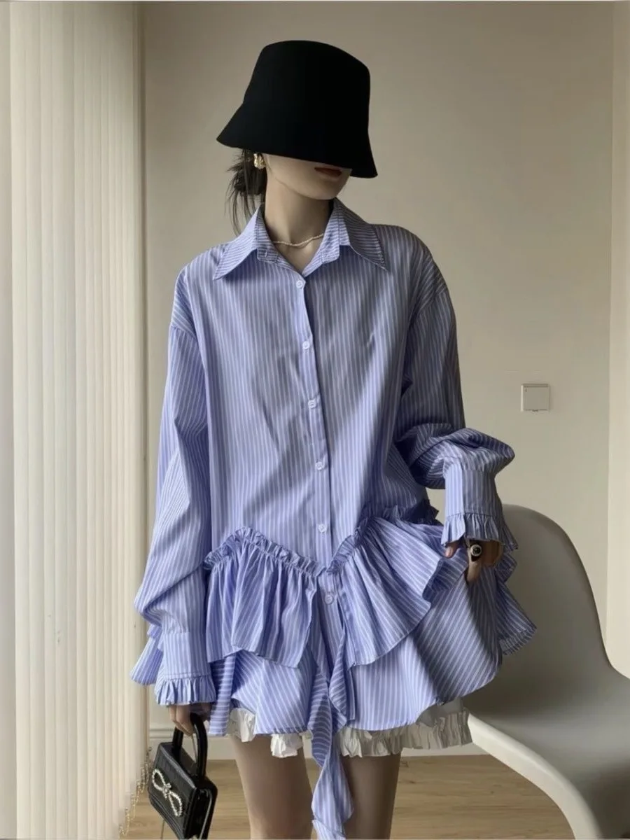 

Chic Spring Loose Fit Striped Shirt Dress with Stand Collar Patchwork Hem Double Layer Flounce Short Style Women's Blouse
