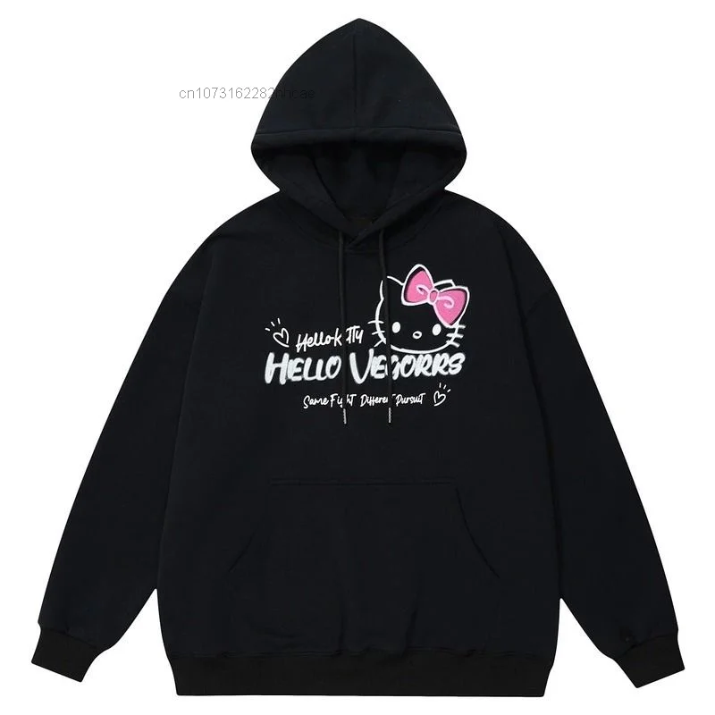 Sanrio Gothic Hello Kitty Pullover Hooded Sweatshirt Hip Hop 90s Vintage Japanese Harajuku Hoodie 2000s Yk2 Clothes Streetwear