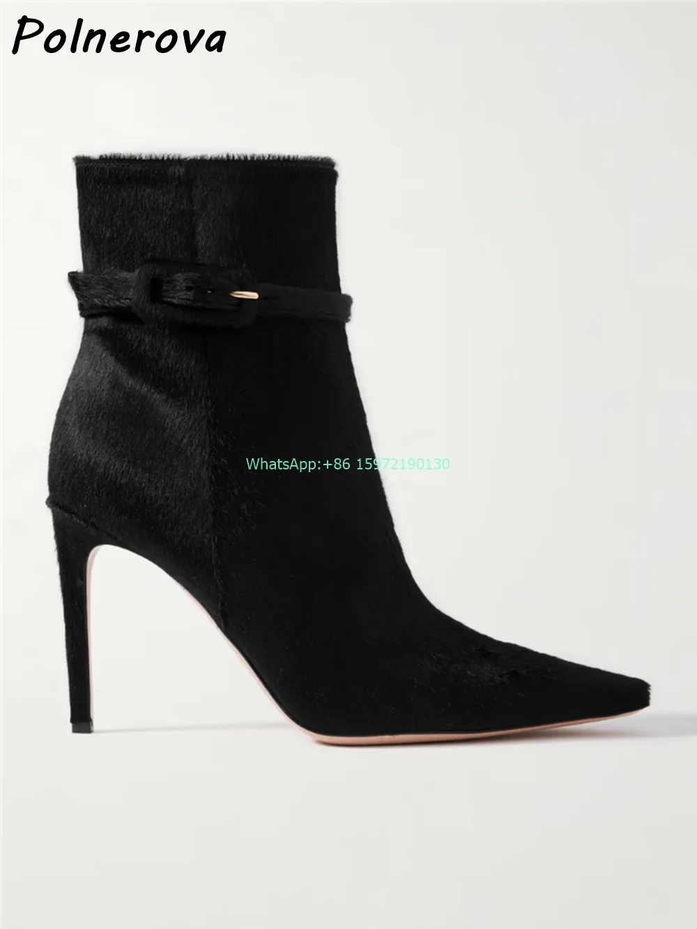 Buckled Calf Hair Ankle Boots Solid Concise Pointy Toe Thin Heels Belt Zipper Shoes Luxury Fashion Women's Stiletto Dress Boots