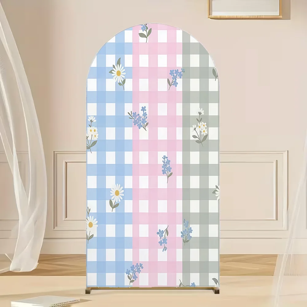 

2-sided Arch Backdrop Cover Chrysanthemum Theme Blue Pink Grid Kids Festival Party Decoration Background Photo Props