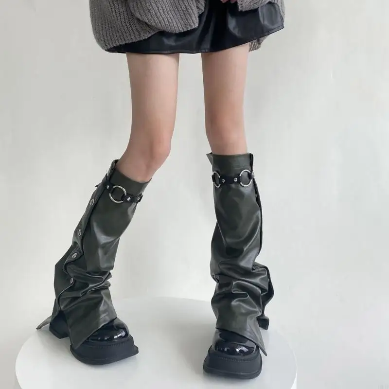 Women Punk Metal Buckle Leather Leg Warmers Y2K Girls Harajuku Leg Socks Side Buttons Loose Boot Covers Streetwear Accessories