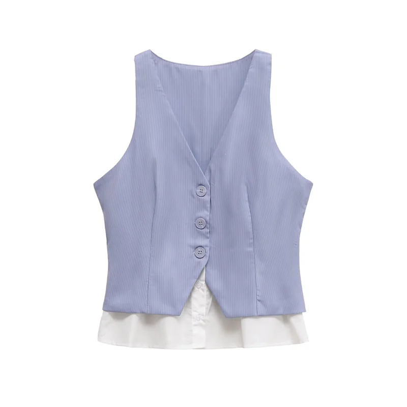

Women's Top 2025 Autumn New Style Blue Patchwork Sleeveless V-neck Vest Top Commuter Fashion Unique Versatile