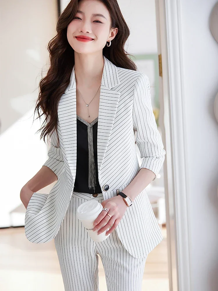 Women's Pant Suit Ladies Black Blue White Stripe Blazer Jacket and Trouser Female Work Wear Formal 2 Piece Set For Autumn Winter