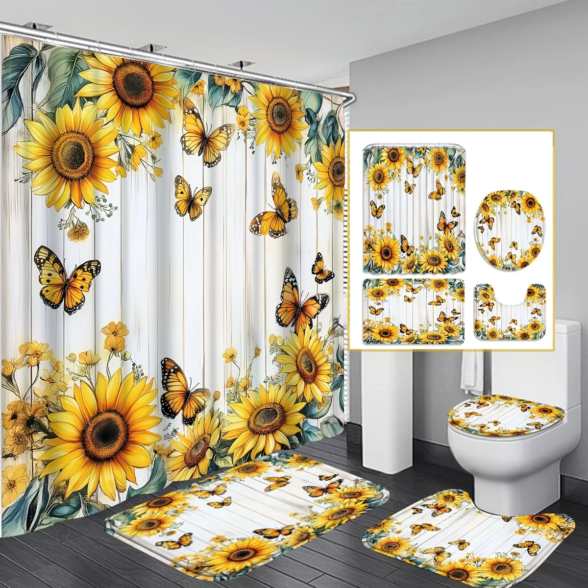 

Sunflower Butterfly 4-Piece Set: Shower Curtain, Bath Mat, Toilet Cover, Tank Cover – Cheerful Home Decor