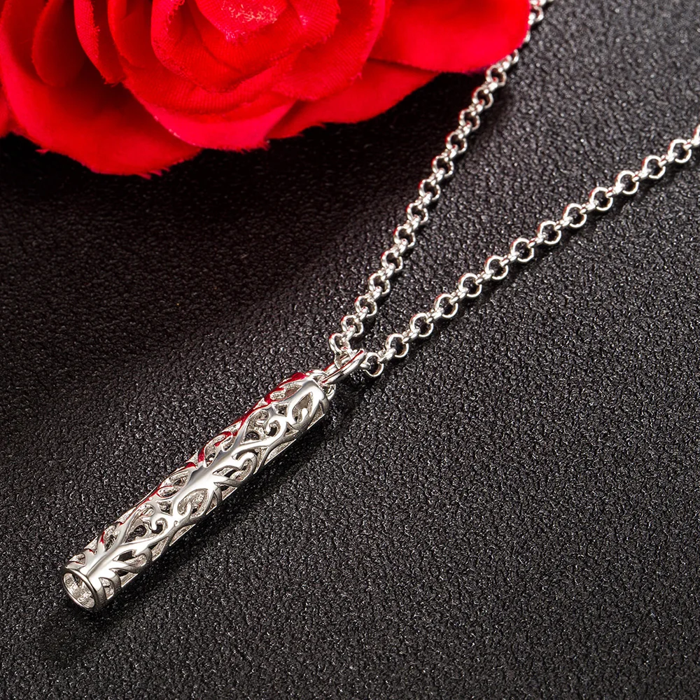 

Vintage 925 Sterling Silver Necklace with Tribal Pattern Long Snake Chain Tube Pendant Trendy Fine Jewelry for Daily/Party Use