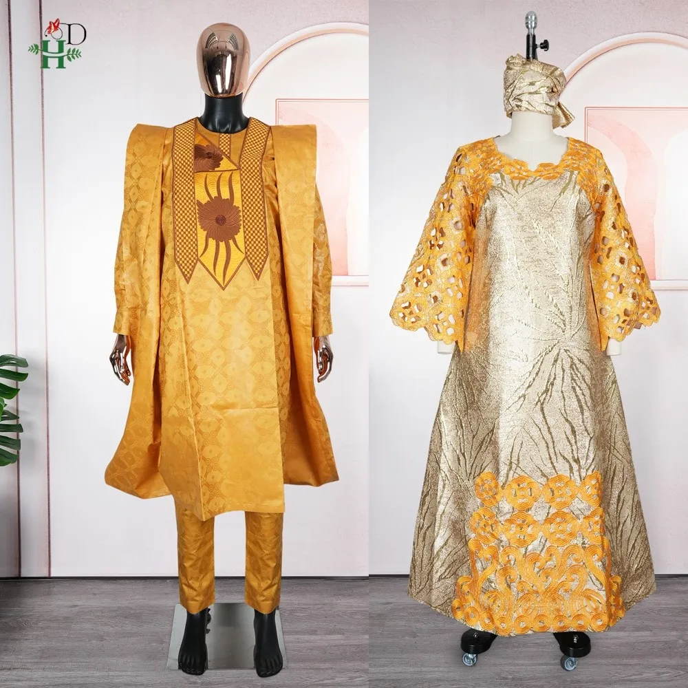 Vestidos africanos para parejas, conjuntos dorados a juego para mujer y hombre, traje tradicional de Bazin Riche con bordado, vestido turco para bodas y fiestas.